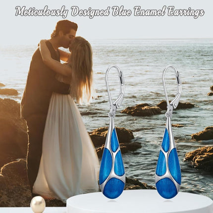 925 Sterling Silver Blue Enamel Tear Drop Leverback Earrings for Women Gift Ideas