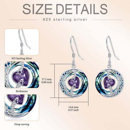 925 Sterling Silver Purple Heart & Blue Swarovski Crystals Round Drop Earrings for Women