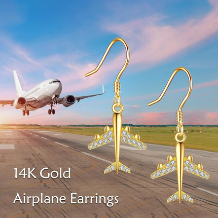14K Gold Airplane Dangle Earrings with Cubic Zirconia for Women