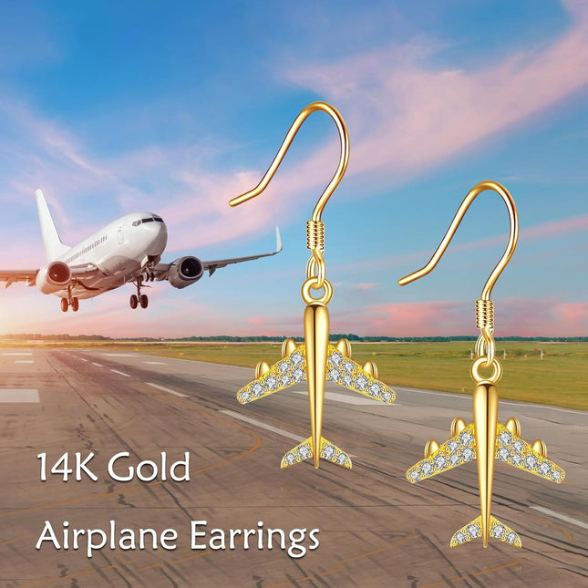 14K Gold Airplane Dangle Earrings with Cubic Zirconia for Women