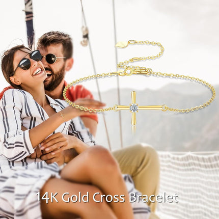 14K Gold Sideways Cross Charm Bracelet with Diamond Accent for Women - Religious
