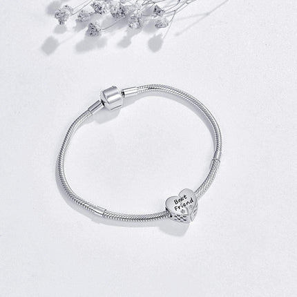 925 Sterling Silver Heart Best Friend Charm Bead Bracelet Pendant Necklace Gift for Women Girls DIY Jewelry Making Supplies Accessories 6mm Hole Size (Set of 4)