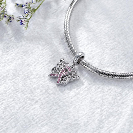 Sterling Silver & Pink Austrian Crystals Butterfly Pink Ribbon Charm for Pandora Bracelets 12.2x13.9mm