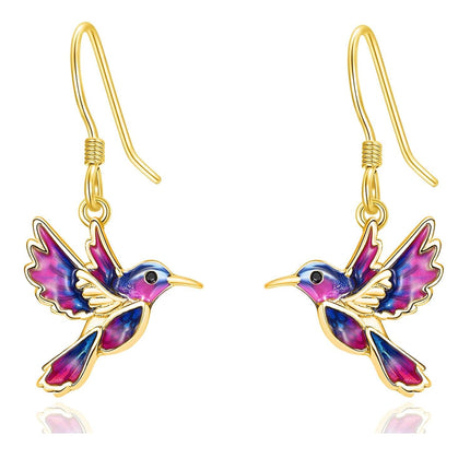 925 Sterling Silver Purple & Blue Enamel Hummingbird Dangle Drop Earrings for Women