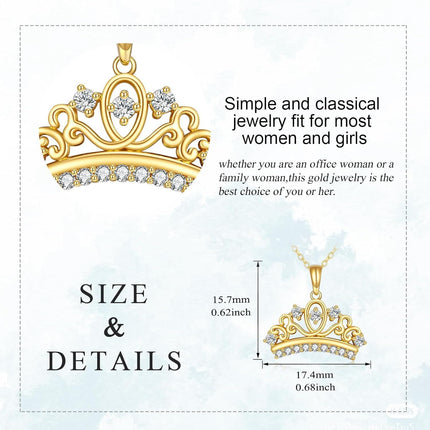 14K Gold Crystal Tiara Crown Pendant Necklace for Women's s