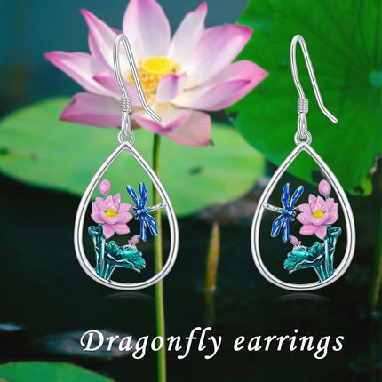 925 Sterling Silver Dragonfly Lotus Flower Teardrop Drop Earrings for Women