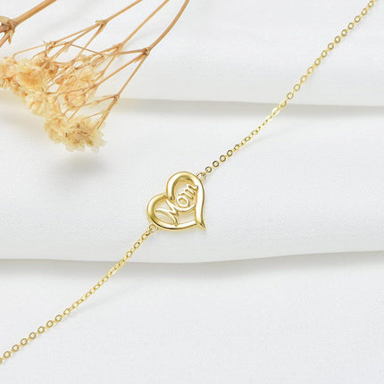 14K Gold Mom Heart Charm Bracelet for Women & Grandmas