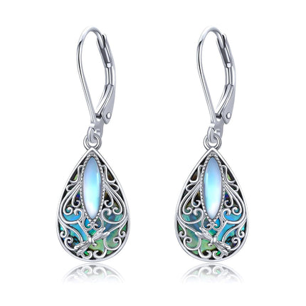 925 Sterling Silver Abalone Shell Dragonfly Filigree Teardrop Dangle Leverback Earrings