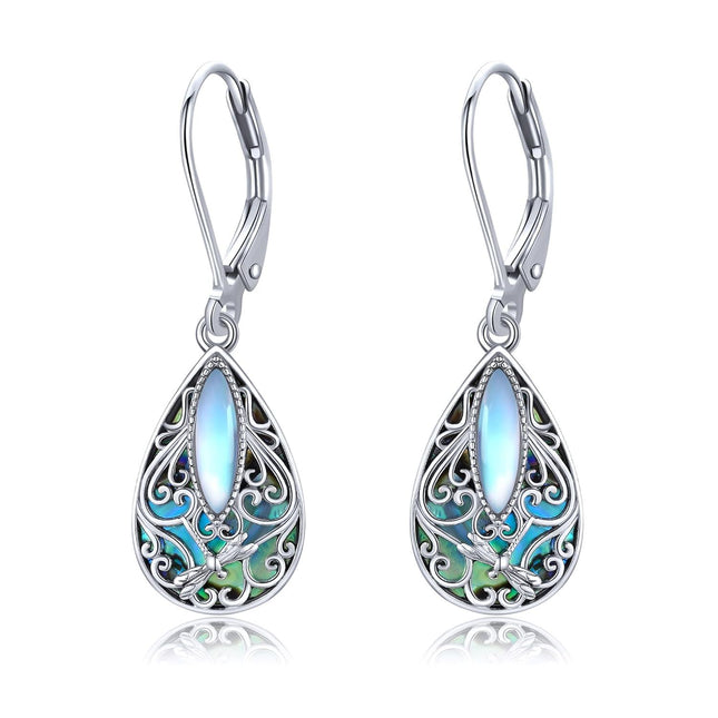 925 Sterling Silver Abalone Shell Dragonfly Filigree Teardrop Dangle Leverback Earrings