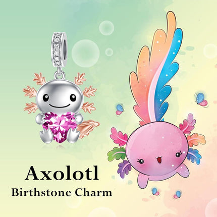 925 Sterling Silver Axolotl Charm with Pink Birthstone Heart Pendant for Bracelets Jewelry Making Gifts for Women