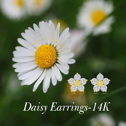 14K Gold Flower Diamond Stud Earrings - Gift for Her