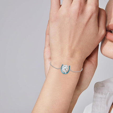 925 Sterling Silver Horse Head & Turquoise Inlay Horseshoe Charm Bracelet for Women