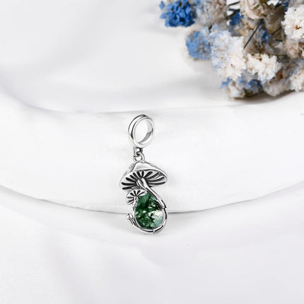 925 Sterling Silver Green Turquoise Stone Mushroom Pendant Charm Bracelet for Women Mom Gift