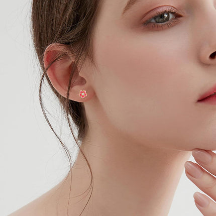 14K Gold 14K Gold Red Enamel Floral Stud Earrings with Crystal Accents - Gifts for Her