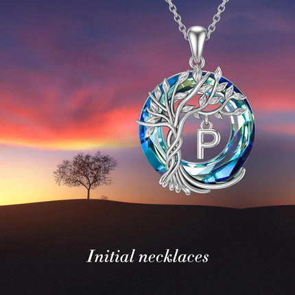 925 Sterling Silver Blue Crystal Tree of Life Initial Necklace Family Letter Pendant Birthday Mother s Day Gifts for Her