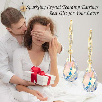 925 Sterling Silver Teardrop Purple Blue Aurora Borealis Crystals Leverback Earrings