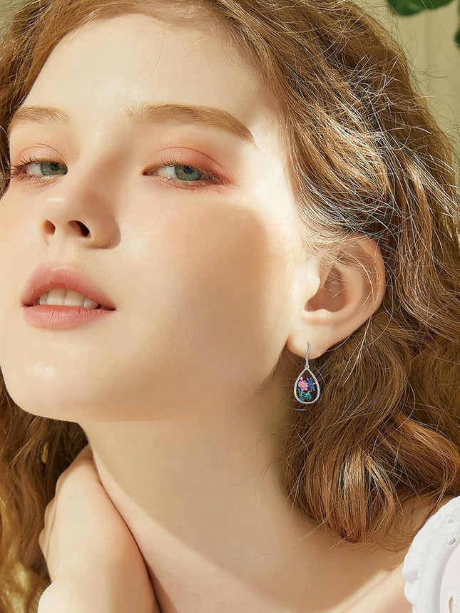 925 Sterling Silver Dragonfly Lotus Flower Teardrop Drop Earrings for Women