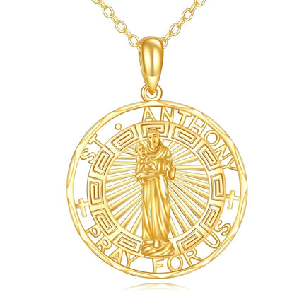 14K Gold Saint Anthony Religious Protection Pendant Necklace for Men & Women