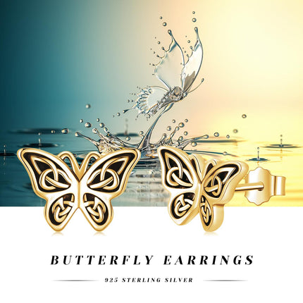 Gold 925 Sterling Silver Celtic Knot Butterfly Stud Earrings for Women and Girls