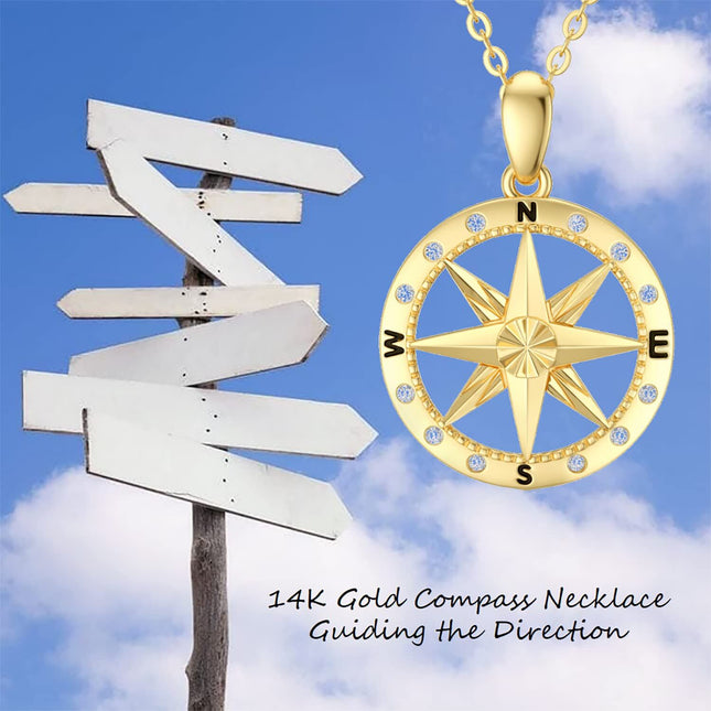 14K Gold CZ Compass Pendant Necklace for Women - 18 Inches Chain