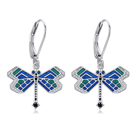 925 Sterling Silver Blue Green Enamel Dragonfly Drop Earrings for Women