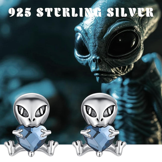 925 Sterling Silver Blue Heart Alien Stud Earrings for Women Girls