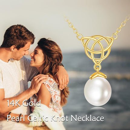 14K Gold Celtic Knot & Freshwater Pearl Pendant Necklaces for Women