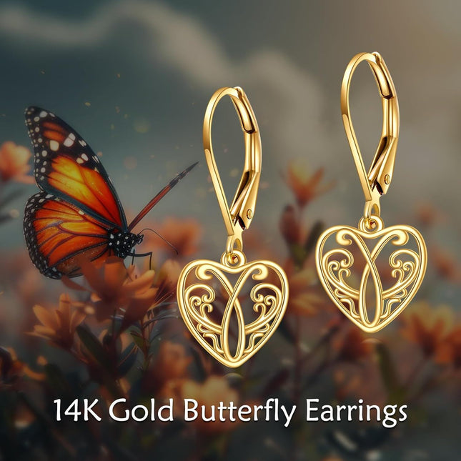 Gold 14K Flower Filigree Heart Dangle Drop Leverback Earrings for Women - Christmas Gift Ideas