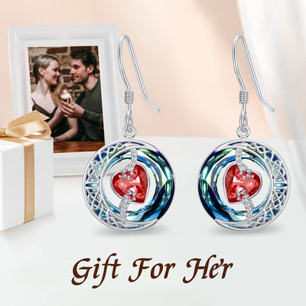 925 Sterling Silver Purple Heart & Blue Swarovski Crystals Round Drop Earrings for Women