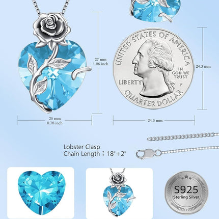 925 Sterling Silver Crystal Rose Flower Heart Pendant Necklace