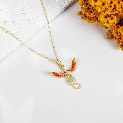 14K Gold Red Enamel Phoenix Pendant Necklaces with Cubic Zirconia Stones Gifts for Women