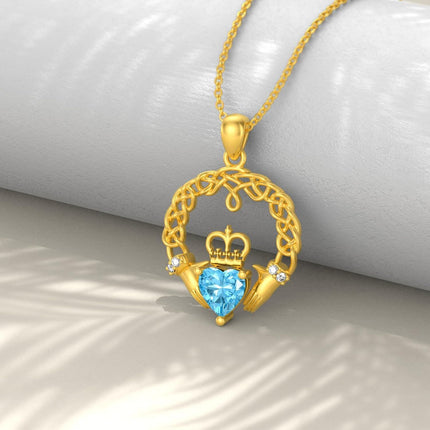 14K Gold Heart-Shaped Blue Crystal Crown and Hands Celtic Knot Claddagh Pendant Necklace for Women