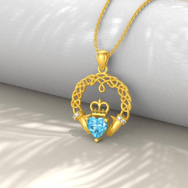14K Gold Heart-Shaped Blue Crystal Crown and Hands Celtic Knot Claddagh Pendant Necklace for Women