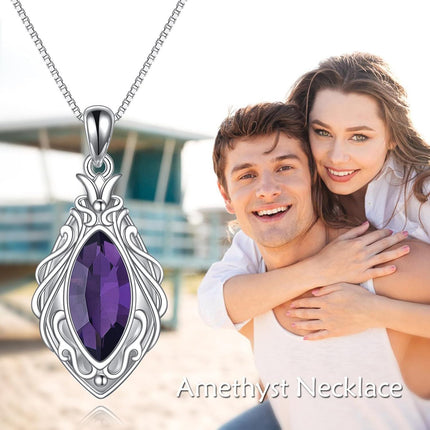 925 Sterling Silver Marquise Cut Amethyst and Crystal Pendant Necklace