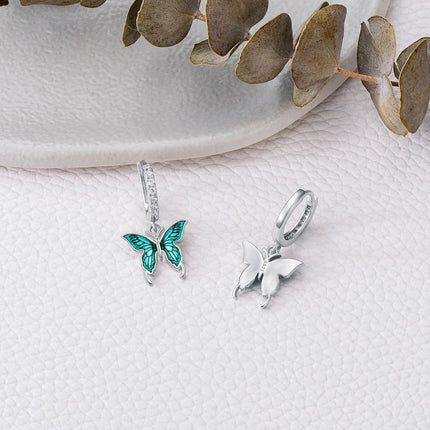 925 Sterling Silver Green Enamel Butterfly Drop Huggie Hoop Earrings for Women - 6 Styles