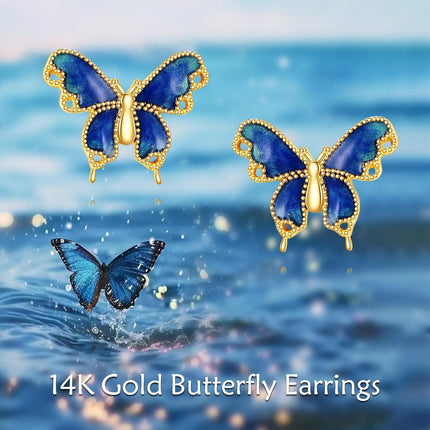 14K Gold Blue Enamel Butterfly Stud Earrings for Women