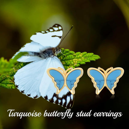 14K Gold Turquoise and Blue Opal Butterfly Stud Earrings for Women