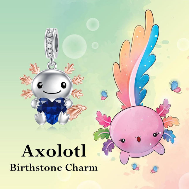 925 Sterling Silver Axolotl Charm with Sapphire Bead - 12.2-14.2mm September Birthstone Jewelry for Women