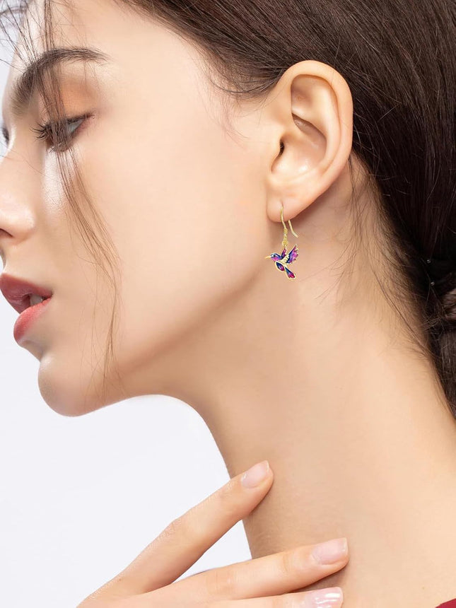 925 Sterling Silver Purple & Blue Enamel Hummingbird Dangle Drop Earrings for Women