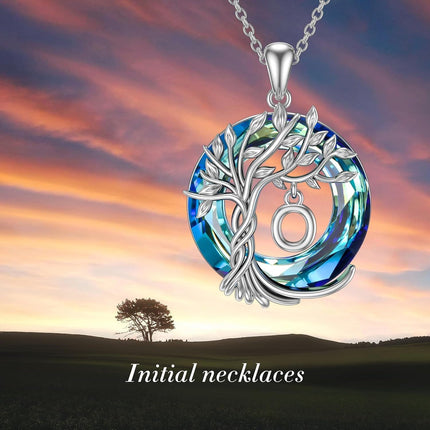 925 Sterling Silver Blue Crystal Tree of Life Initial Necklace Family Letter Pendant Birthday Mother s Day Gifts for Her