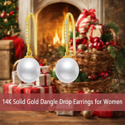 14K Gold White Freshwater Pearl Drop Earrings with Diamonds