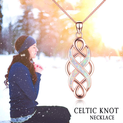 925 Sterling Silver Blue Created Opal Celtic Knot Pendant Necklace for Women