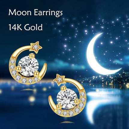 14K Gold Crescent Moon & Star CZ Stud Earrings for Women - Birthday/Christmas Gifts