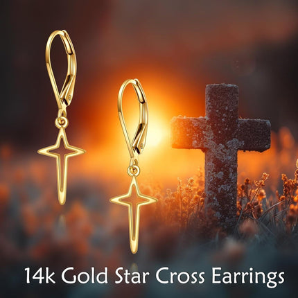 14K Gold Star Drop Dangle Leverback Earrings with Diamonds for Women Christian s
