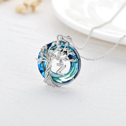 925 Sterling Silver Blue Crystal Tree of Life Initial Necklace Family Letter Pendant Birthday Mother s Day Gifts for Her