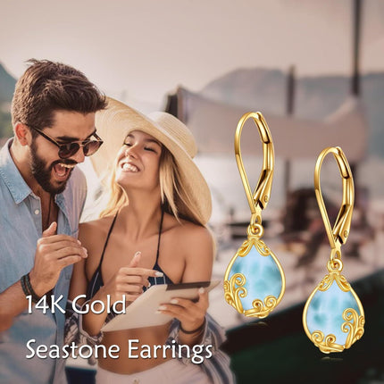 14K Gold Teardrop Larimar Leverback Earrings for Women's Fashion s