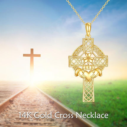 14K Gold Claddagh Celtic Knot Cross Pendant Necklace Religious s for Men & Women