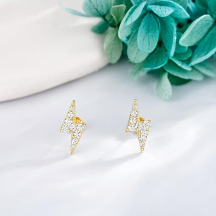 14K Gold Lightning Bolt CZ Stud Earrings for Women Girls