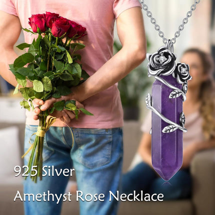 925 Sterling Silver Purple Amethyst Crystal Flower Pendant Necklace for Women Gifts