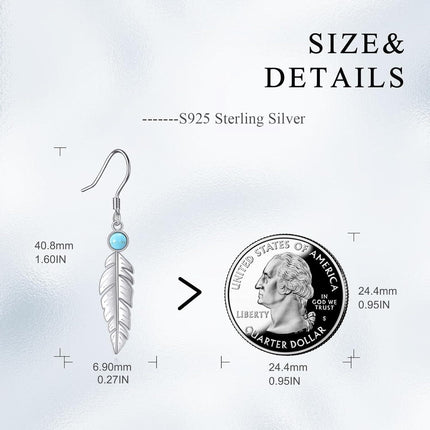 925 Sterling Silver Feather Turquoise Drop Earrings for Women Girls
